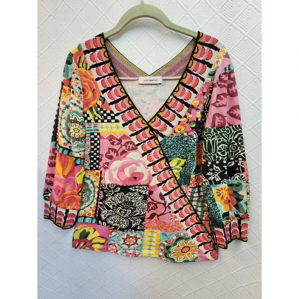 NEW Aldo Martins SZ M-L  Double V Neckline Vibrant Pullover Top $250
